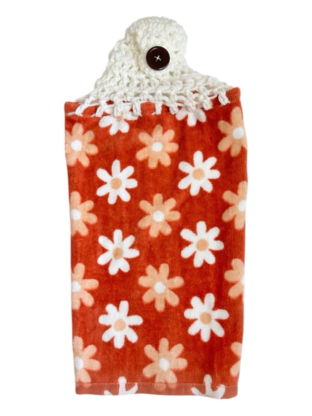 HAND CRAFTED Crocheted Top Colorful Floral Hanging Kitchen or Bathroom Towel